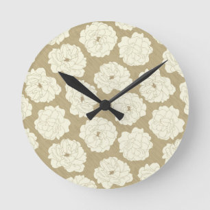Cream Roses on Golden Beige - seamless pattern. Round Clock