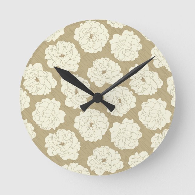 Cream Roses on Golden Beige - seamless pattern.  Round Clock (Front)