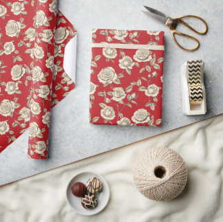 Cream Roses on Red Toile De Jouy Wrapping Paper