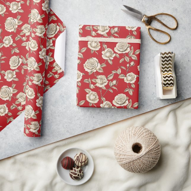 Cream Roses on Red Toile De Jouy Wrapping Paper (Crafts)