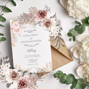 Cream Roses Pampas Grass Boho Wedding Invitation