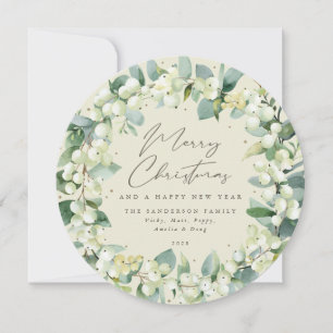 Cream Round Snowberry+Eucalyptus Christmas Wreath Holiday Card