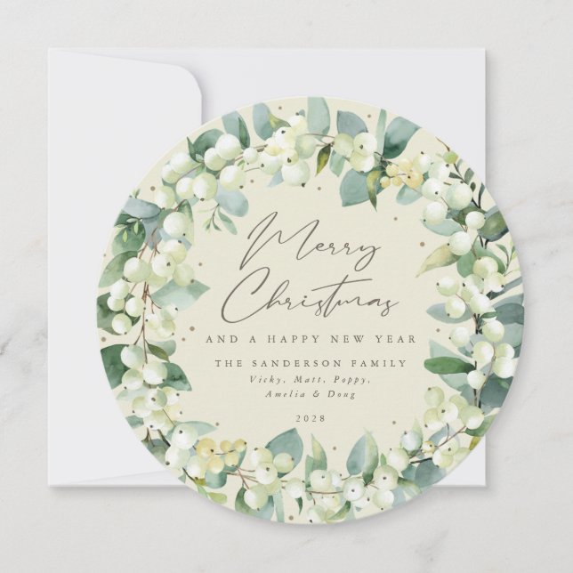 Cream Round Snowberry+Eucalyptus Christmas Wreath Holiday Card (Front)