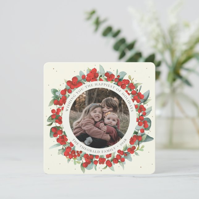 Cream Round/Square Red Berries+Eucalyptus Photo Holiday Card (Standing Front)