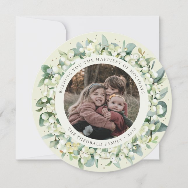 Cream Round/Square Snowberry+Eucalyptus Photo Holiday Card (Front)