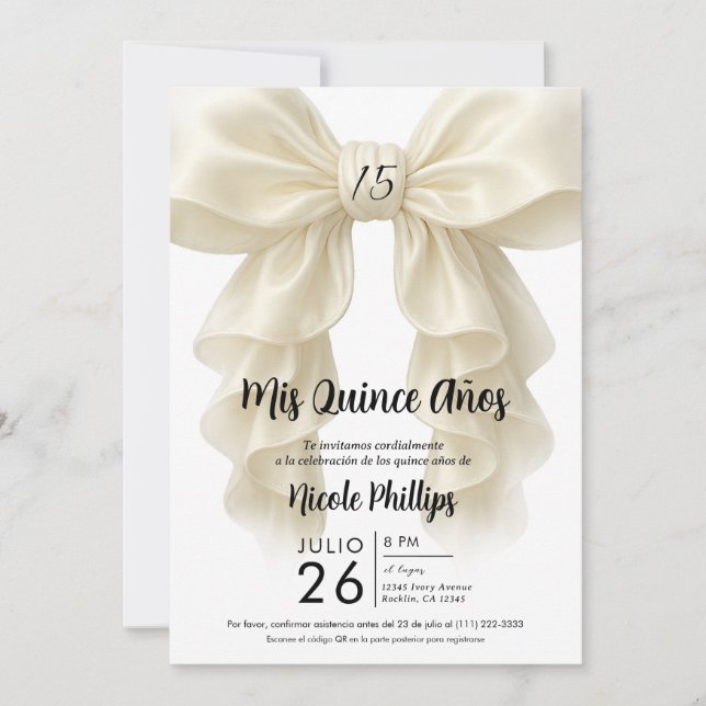 Cream Ruffle Cascade Bow Elegant Quinceañera Party Invitation (Front)
