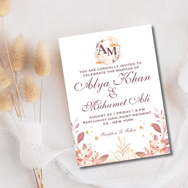 Cream Rustic botanical Flower initial Wedding  Invitation (Creator Uploaded)