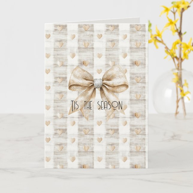 Cream Rustic Christmas Silver Bow Card (Yellow Flower)