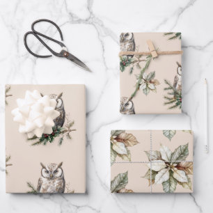 Cream Rustic Owls and Flowers Wrapping Paper Sheet