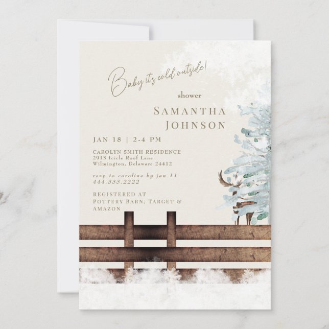 Cream Rustic Woodland Baby it's Cold Outside Invitation (Front)
