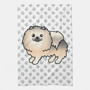 Cream Sable Pomeranian Cute Cartoon Dog & Paws Tea Towel