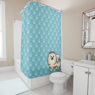 Cream Sable Pomeranian On Blue And Dog Paws Shower Curtain
