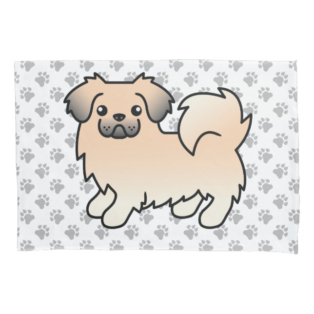 Cream Sable Tibetan Spaniel Cartoon Dog & Paws Pillowcase (Front)