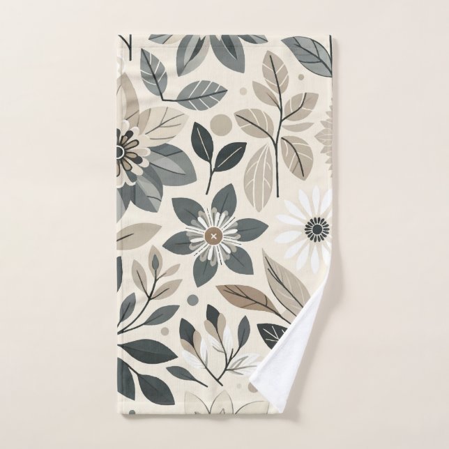 Cream & Sage Green Bold Modern Floral Pattern Bath Towel Set (Hand Towel)