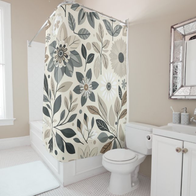Cream & Sage Green Bold Modern Floral Pattern Shower Curtain (In Situ)