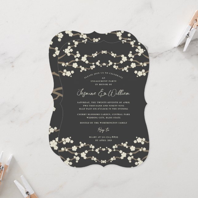 Cream Sakura Cherry Blossoms Grey Asian Wedding Invitation (Front/Back In Situ)
