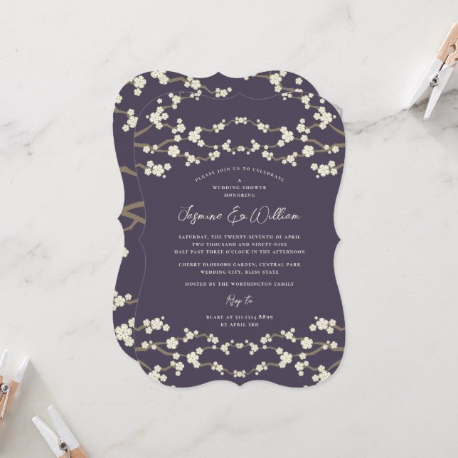 Cream Sakura Cherry Blossoms Purple Asian Wedding Invitation (Front/Back In Situ)
