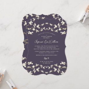 Cream Sakura Cherry Blossoms Purple Asian Wedding Invitation