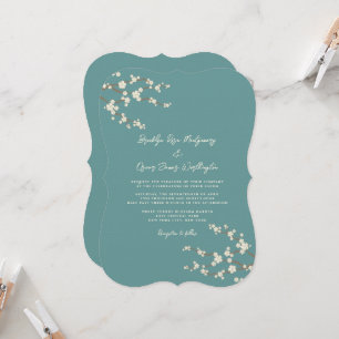 Cream Sakura Cherry Blossoms Teal Asian Wedding Invitation