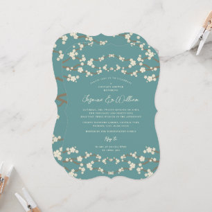 Cream Sakura Cherry Blossoms Teal Asian Wedding Invitation