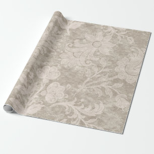 Cream Scrollwork Flowers on Sand Wrapping Paper