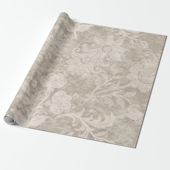 Cream Scrollwork Flowers on Sand Wrapping Paper (Unrolled)