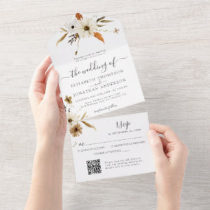 Cream Sepia Daisy Fall Floral QR RSVP Wedding All In One Invitation