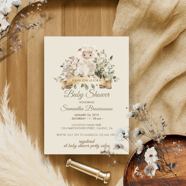 Cream Sheep Lamb Botanical Ribbon Baby Shower Invitation (Creator Uploaded)