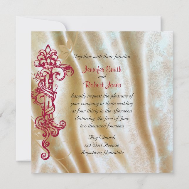 Cream Silk and Red Scroll Posh Wedding Invitation (Front)
