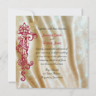 Cream Silk and Red Scroll Posh Wedding Invitation