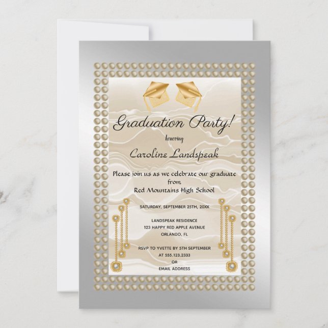 Cream Silk & Pearls Graduate Silver Metallic Invitation (Front)