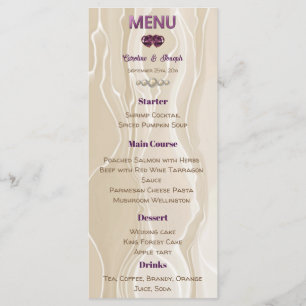 Cream Silk Purple Shiny Heart Gems Wedding Menu