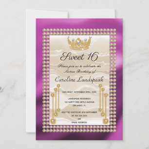 Cream Silk Sweet 16 Pearl Crown Fuchsia Metallic Invitation
