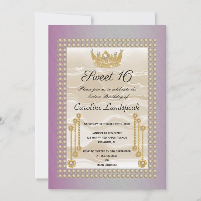 Cream Silk Sweet 16 Pearl Crown Fuchsia Metallic  Invitation (Front)