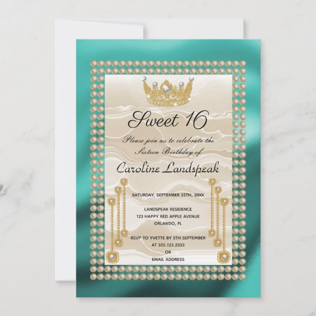 Cream Silk Sweet 16 Pearl Crown Teal Blue Metallic Invitation (Front)