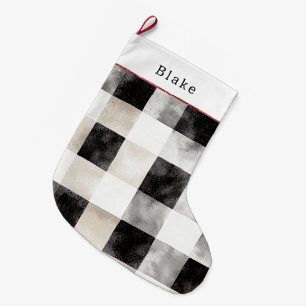 Cream Silver Black White Plaid Stripes Christmas Large Christmas Stocking