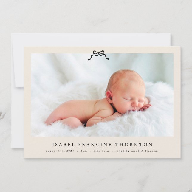 cream simple elegant black bow photo baby birth announcement (Front)