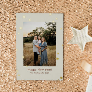 Cream Simple Shiny Stars One Photo Happy New Year Foil Holiday Card