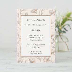 Cream Sketched Flowers Birthday Invitation