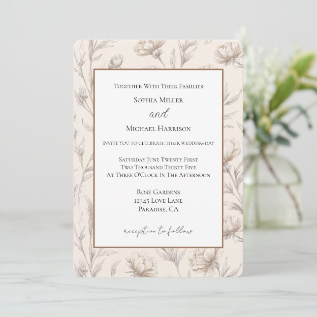 Cream Sketched Flowers Wedding Invitation (Standing Front)