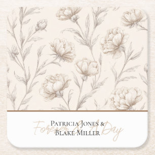 Cream Sketched Flowers Wedding Square Paper Coaster