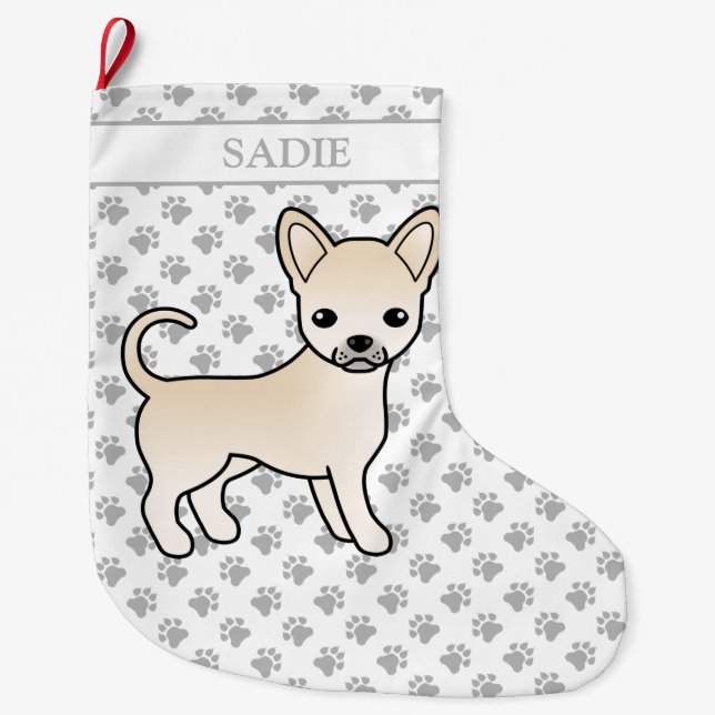 Cream Smooth Coat Chihuahua Cartoon Dog & Name Large Christmas Stocking (Front)