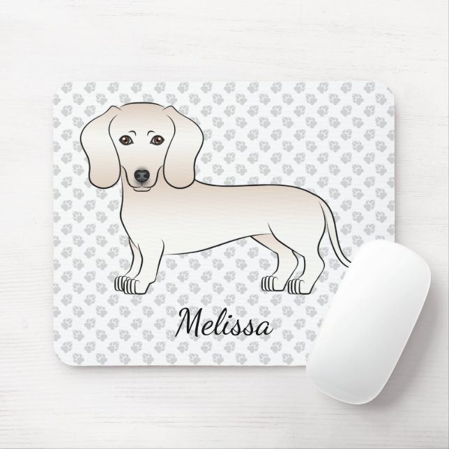 Cream Smooth Coat Dachshund Cartoon Dog With Name Mouse Mat (With Mouse)