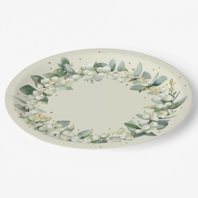Cream Snowberry Christmas Wreath Holiday Party Paper Plate (Angled)