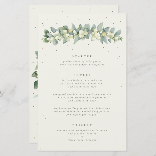 Cream Snowberry + Eucalyptus 3 Course Wedding Menu (Front/Back)