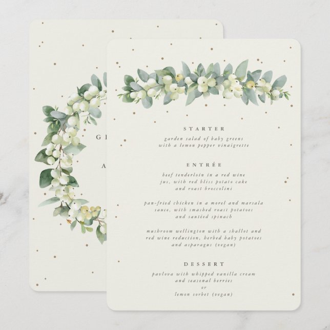 Cream Snowberry + Eucalyptus 3 Course Wedding Menu (Front/Back)