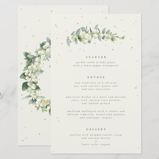 Cream Snowberry + Eucalyptus 3 Course Wedding Menu (Front/Back)