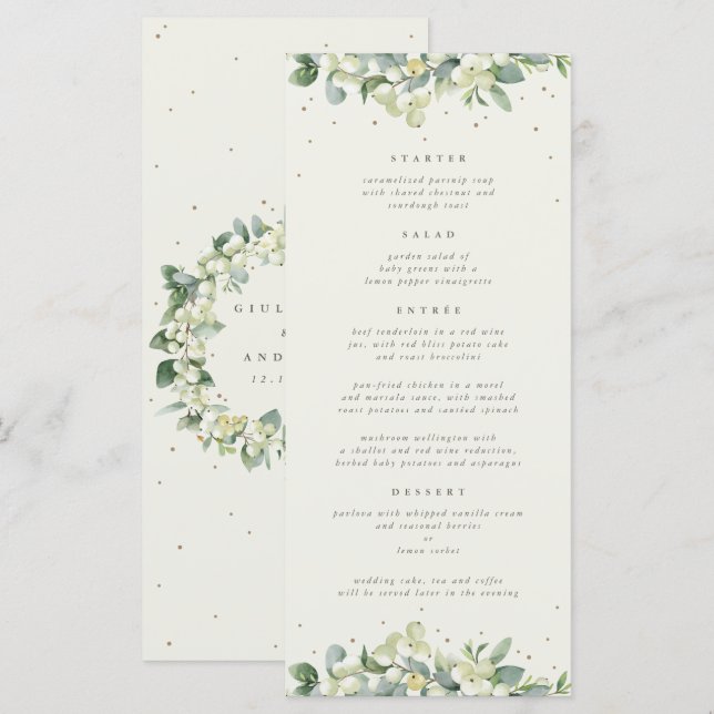 Cream Snowberry+Eucalyptus 4 Course Wedding Flat Menu (Front/Back)