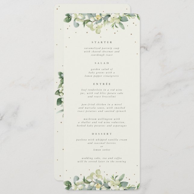 Cream Snowberry+Eucalyptus 4 Course Wedding Flat Menu (Front/Back)