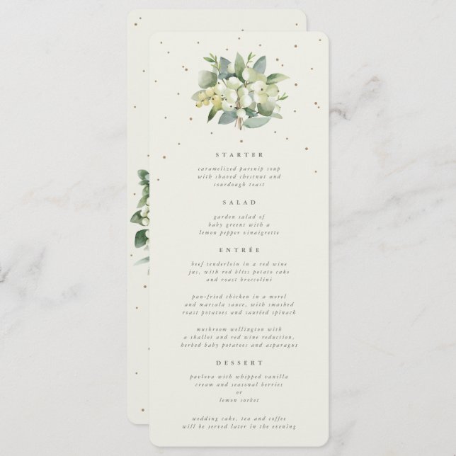 Cream Snowberry+Eucalyptus 4 Course Wedding Flat Menu (Front/Back)